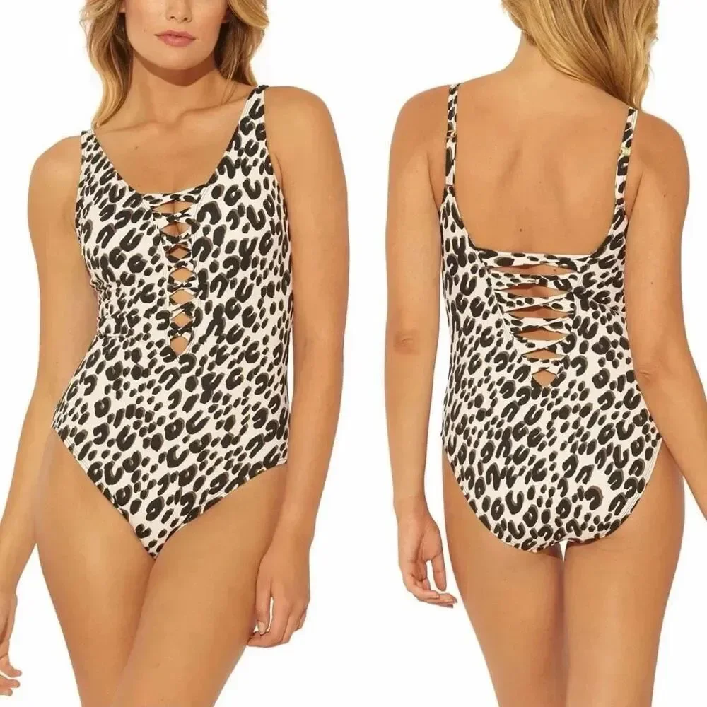 BLEU Rod Beattie Skin Games Lace-Up One-Piece Swimsuit in Leopard Print Size 14